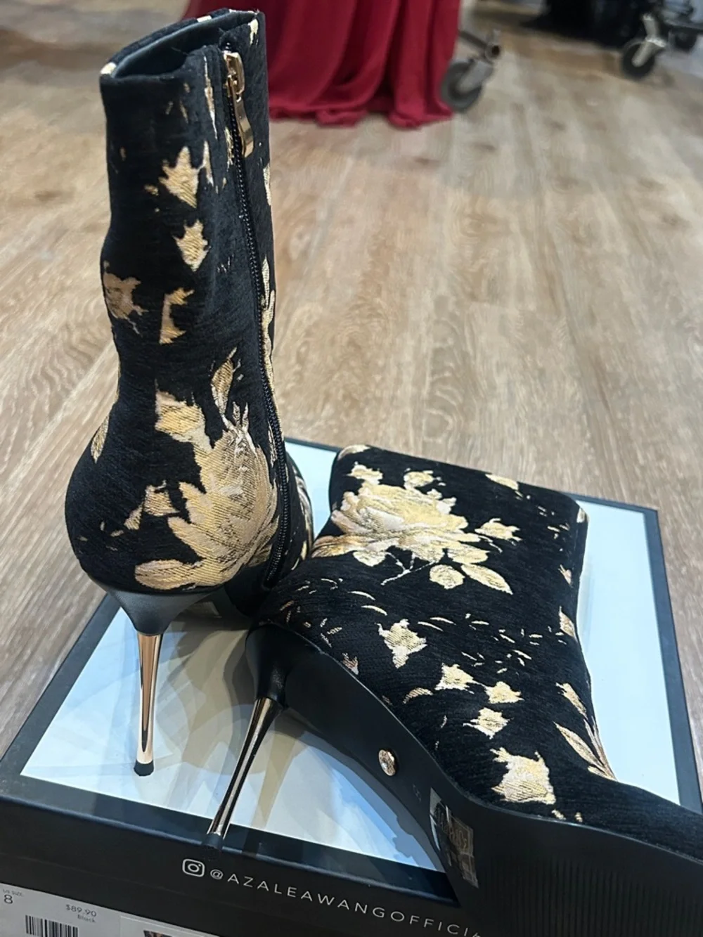 Azalea Wang Black & Gold Floral Stiletto Ankle Boots - Picture 6 of 6
